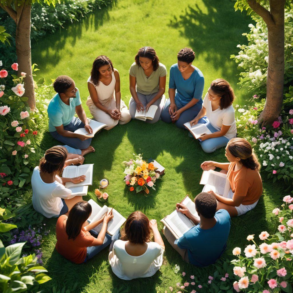 A serene scene depicting a diverse group of individuals engaged in a supportive circle, surrounded by lush greenery and blooming flowers, symbolizing resilience and community. In the center, a heart-shaped arrangement of supportive items such as books, plants, and wellness tools radiates warmth. Soft sunlight filters through the trees, casting gentle shadows and creating a peaceful atmosphere. The imagery emphasizes connection, hope, and healing. vibrant colors. super-realistic. soft focus.