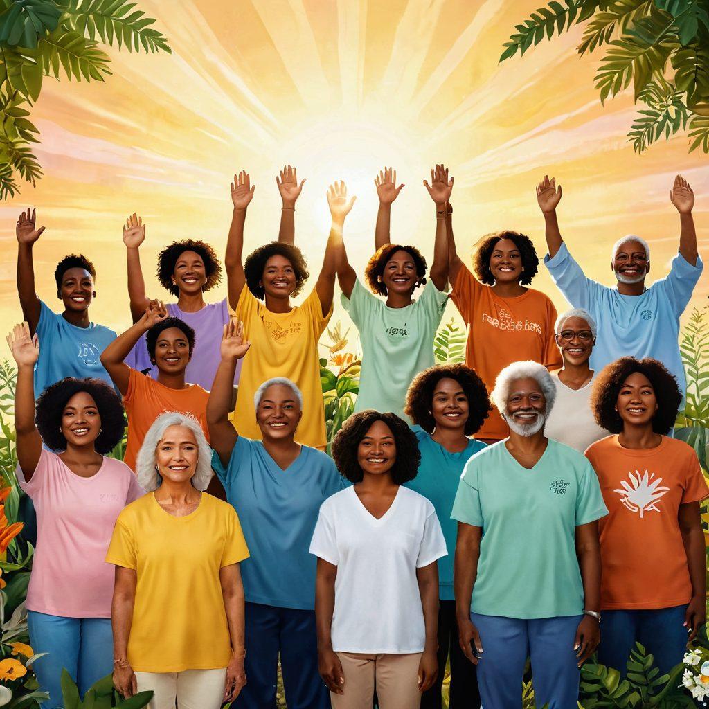 A powerful, uplifting scene depicting a diverse group of survivors standing together, each radiating confidence and strength, surrounded by symbols of healing such as plants, sunlight, and supportive hands. The background should feature a blend of nature and community, illustrating resilience and unity. Emphasize warm colors that evoke hope and positivity. super-realistic. vibrant colors. natural lighting.