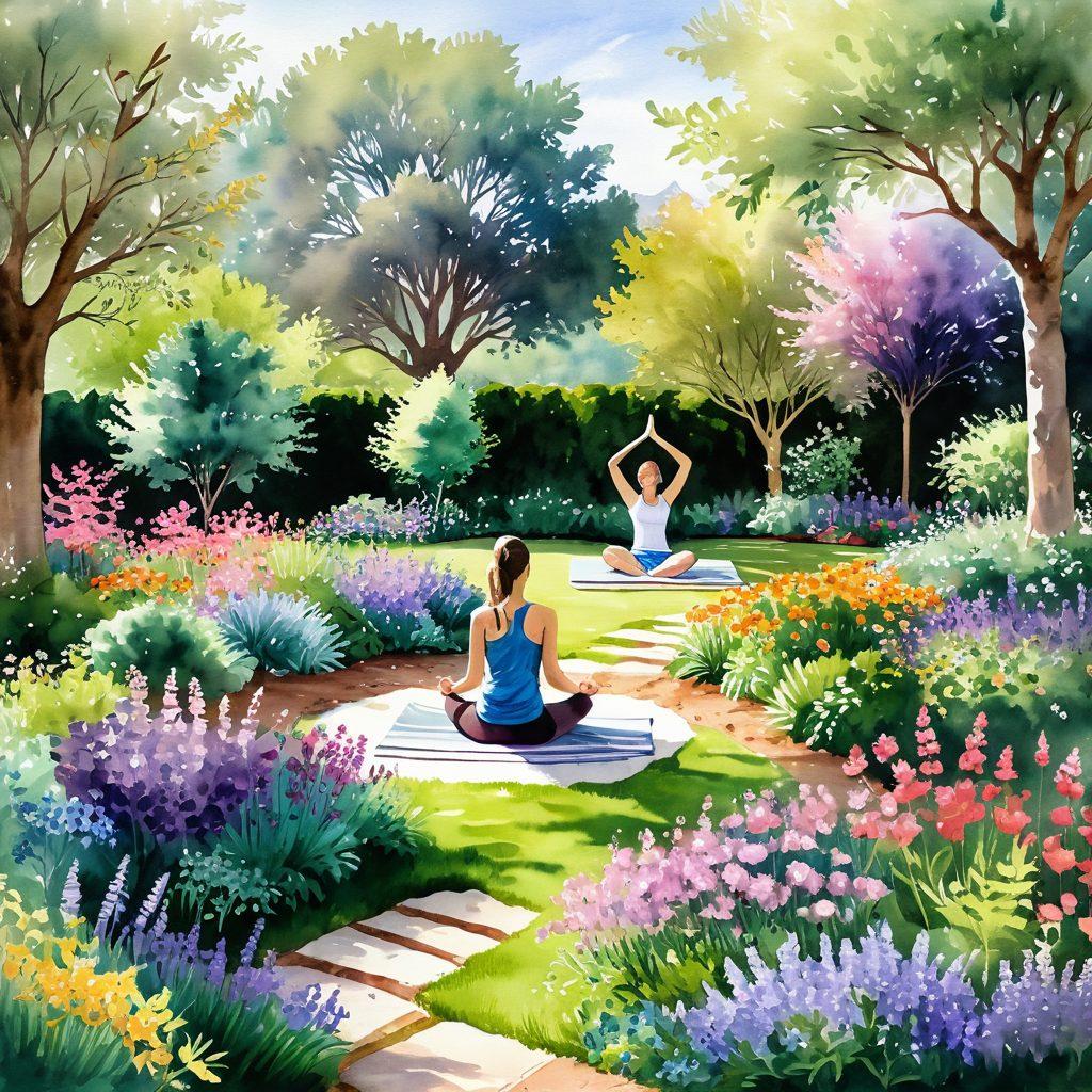 A serene landscape featuring a blooming garden symbolizing hope and renewal, with diverse individuals engaged in supportive activities such as group discussions and yoga. Incorporate elements of wellness like gentle streams and vibrant flowers, representing life and strength. The scene should radiate positivity and community, inviting viewers to feel empowered. watercolor style. soft pastels. natural light.